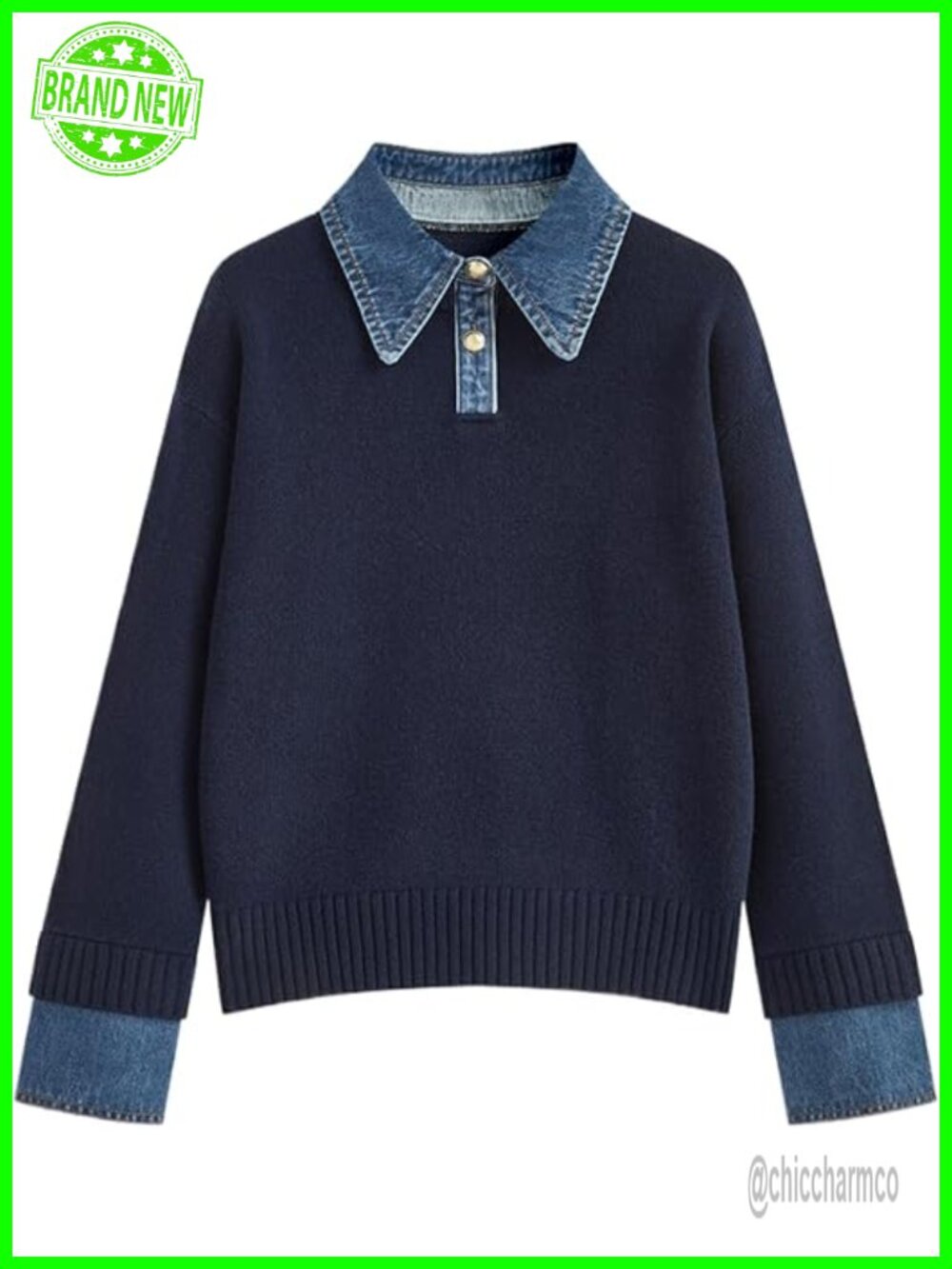 Oversized Long Sleeve Knit Sweater with Denim Collar Pullover Top